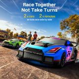 Geyiie 2 Pack RC Drift Cars, 1:24 Remote Control Car Set, Up to 70 Mins Per Car, LED Lights, Mini Track Barriers & Challenge Cards, 2 Player Indoor Gift for Boys & Girls