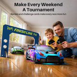 Geyiie 2 Pack RC Drift Cars, 1:24 Remote Control Car Set, Up to 70 Mins Per Car, LED Lights, Mini Track Barriers & Challenge Cards, 2 Player Indoor Gift for Boys & Girls