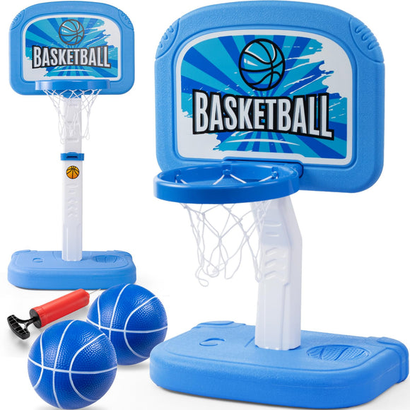 Geyiie Easy Score Basketball Set Blue 4 Balls 2 in 1 Toddler Basketballs Hoop Indoor and Pool Basketball Hoop Poolside Outdoor- Adjustable Height 2.1-3.3ft Sport Toy Gifts for Kids Boys Girls Age 1-3