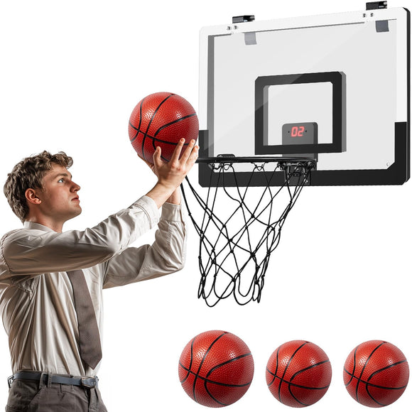 Geyiie XL Basketball Hoop, Indoor Over The Door with Electronic Scoreboard, 4 Balls, Steel Rim, Portable Design, for Kids Adults, Ideal Home, Dorms, Offices, and Gifts