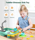 Geyiie Mini Toddler Sink Toy with Running Water 13Pcs Accessories Dinosaur Dishwasher