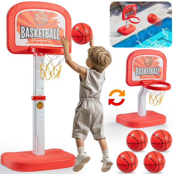 Geyiie 2 in 1 Toddler Basketball Hoop Indoor and Pool Basketball Set Poolside Outdoor 4 Balls- Adjustable Height 2.1-3.3ft Sport Toys Gifts for Kids Boys Girls Age 1-3