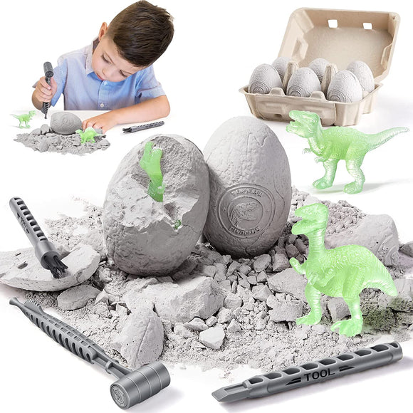 Geyiie Dinosaur Eggs Excavation Dig Kit Surprise Fossil Easter Egg Toys Pack with 6 Glow in Dark Unique Dinosaurs