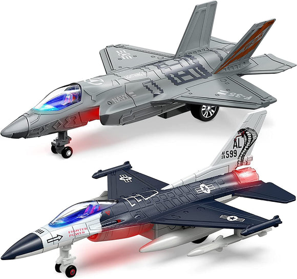 Geyiie Airplane Toys for Kids, Army Fighter Jet Diecast Plane Toys Helicopter , Pull Back Airplanes with Light, Air Transport, Bomber