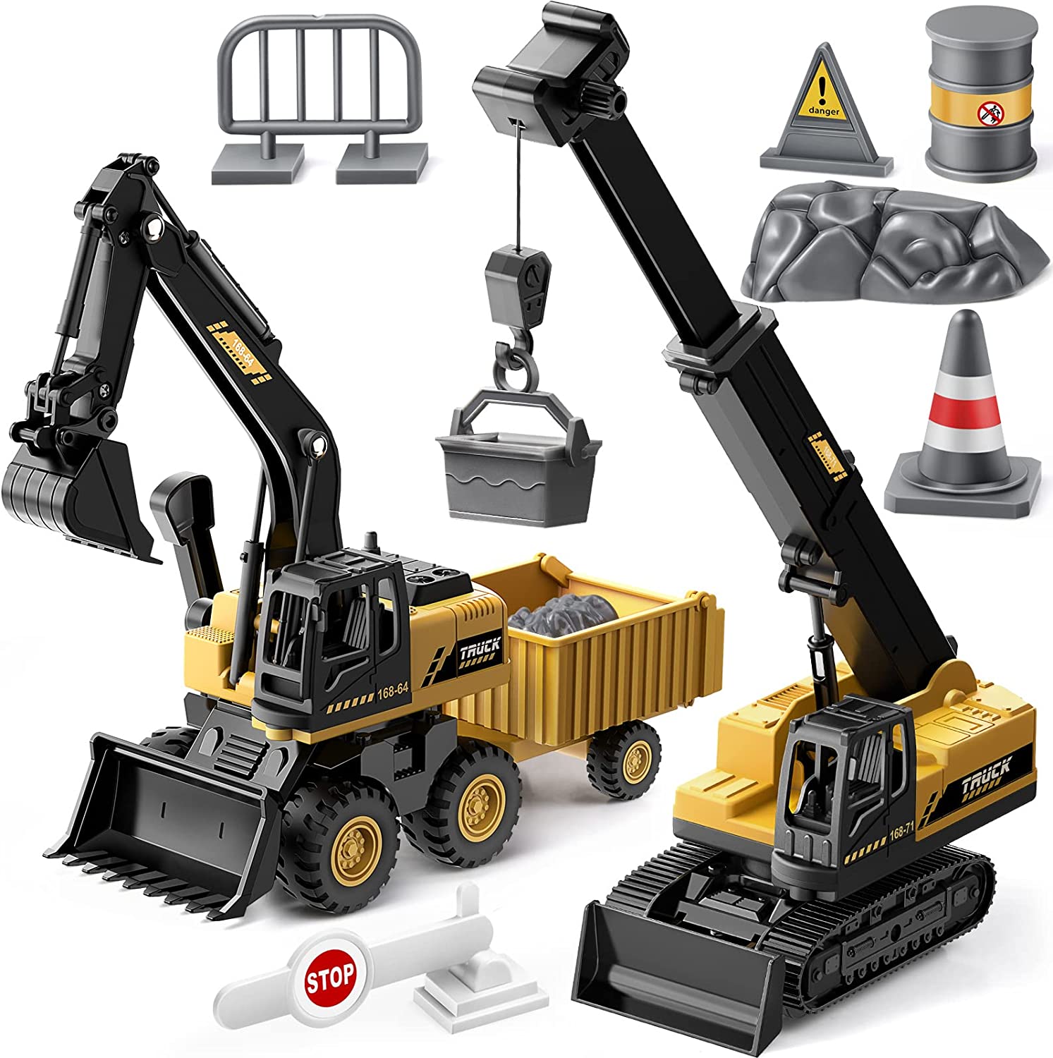 Geyiie Construction Vehicle Playset with Excavator and Crane for