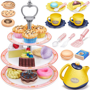 Geyiie Tea Party Set with Dessert Stand Plastic Teapot for Little Girl