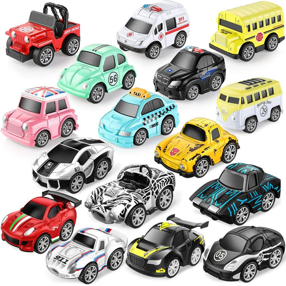 Geyiie Mini Pull Back Vehicles Toys Police Car School Bus Ambulance Race Cars Play Set 16 Packs