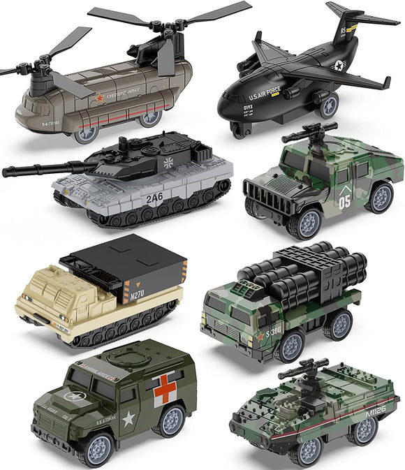 Geyiie Army Truck Toys Cars Alloy Mini Die-cast Battle Car for Kids Set of 8